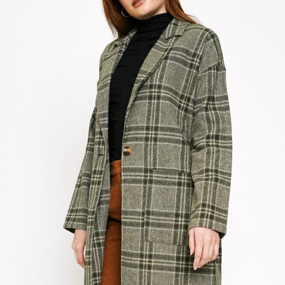 MYSTREE Plaid Longline Coat, Olive Green Grey Check Blazer Jacket, Classic - Picture 3 of 6